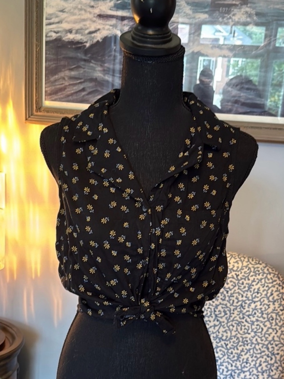 SO Black Sleeveless Floral Tie-Front Crop Top